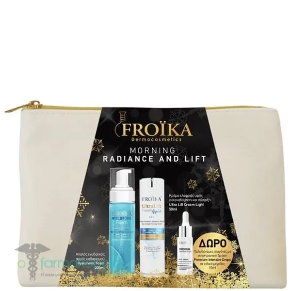 Froika Gift Set Morning Radiance & Lift with Hyaluronic Cleansing Foam, 200ml, Ultra Lift Moisturizing Cream, 50ml & Gift Premium Intensive Anti-Aging Drops, 10ml & Pouch, 1pc, 1set