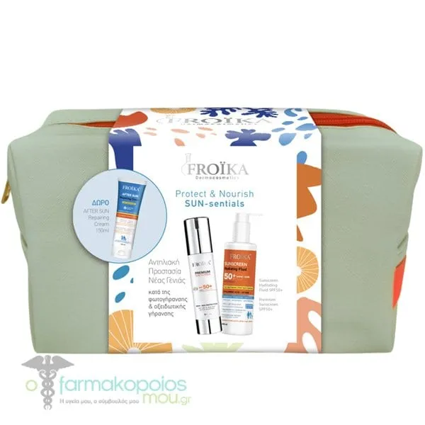 Froika Promo Protect & Nourish Sun Essentials Σετ Αντηλιακής Περιποίησης με Premium Sunscreen Αντηλιακό Προσώπου SPF 50+, 50ml, Sunscreen Hydrating Fluid Αντηλιακό Γαλάκτωμα SPF 50+, 250ml & Δώρο After Sun Ενυδατική Κρέμα, 150ml & Νεσεσέρ, 1τεμ, 1σετ - MINT