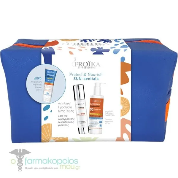 Froika Promo Protect & Nourish Sun Essentials Σετ Αντηλιακής Περιποίησης με Premium Sunscreen Αντηλιακό Προσώπου SPF 50+, 50ml, Sunscreen Hydrating Fluid Αντηλιακό Γαλάκτωμα SPF 50+, 250ml & Δώρο After Sun Ενυδατική Κρέμα, 150ml & Νεσεσέρ, 1τεμ, 1σετ - BLUE