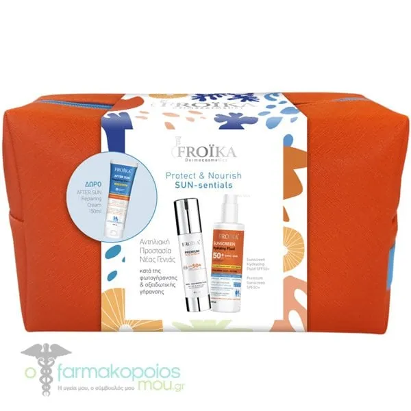 Froika Promo Protect & Nourish Sun Essentials Σετ Αντηλιακής Περιποίησης με Premium Sunscreen Αντηλιακό Προσώπου SPF 50+, 50ml, Sunscreen Hydrating Fluid Αντηλιακό Γαλάκτωμα SPF 50+, 250ml & Δώρο After Sun Ενυδατική Κρέμα, 150ml & Νεσεσέρ, 1τεμ, 1σετ - ORANGE