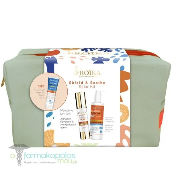 Froika Promo Shield & Soothe Solar Kit with Hyaluronic Silk Touch Face Sunscreen SPF 50+, 50ml, Hydrating Fluid Sunscreen SPF 50+, 250ml & Free After Sun Repairing Cream, 150ml & Beauty Pouch, 1pc, 1set - MINT