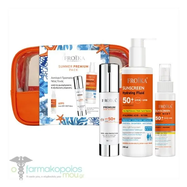 Froika Summer Premium Pack with Premium Sun Screen SPF50+, 50ml, Sunscreen Hydrating Fluid SPF50+, 250ml & Free Mini Dry Mist SPF50+, 80ml, 1set