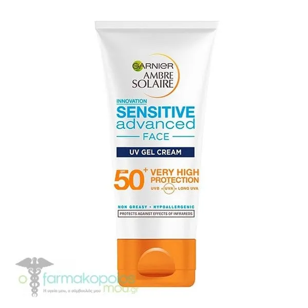 Garnier Ambre Solaire Sensitive Advanced Face UV Gel Cream SPF50+ Αντηλιακή & Ενυδατική Κρέμα Προσώπου Πολύ Υψηλής Προστασίας για Ευαίσθητες Επιδερμίδες, 50ml