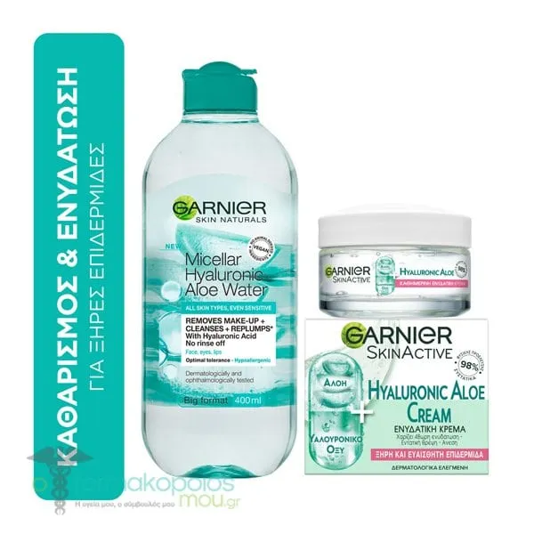 Garnier Cleansing & Hydration Set for Dry Skin with Micellar Hyaluronic Aloe Water, 400ml & Botanical Day Cream with Aloe Vera Normal/Combination Skin, 50ml, 1set