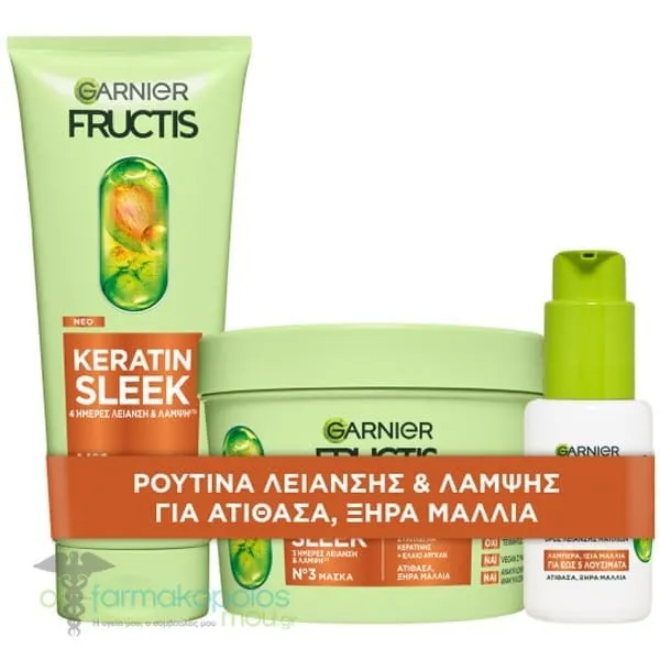 Garnier Fructis Keratin Sleek Ρουτίνα 3 Βημάτων για Λεία & Λαμπερά Μαλλιά με Keratin Sleek Σαμπουάν Μαλλιών, 200ml, Μάσκα Μαλλιών, 370ml & Ορό Λείανσης Μαλλιών, 50ml, 1σετ