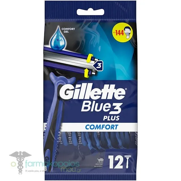 Gillette® Blue 3 Plus Comfort Disposable Razors with 3 Blades & Lubricating Tape, 12pcs