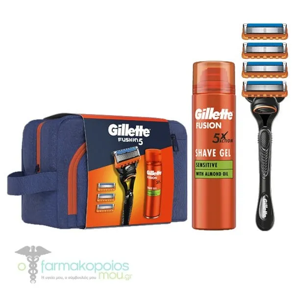 Gillette Fusion5 Promo with Shave Gel, 200ml, Razor, 1pc, Replacement Shaving Heads, 4pcs & Beauty Pouch, 1set