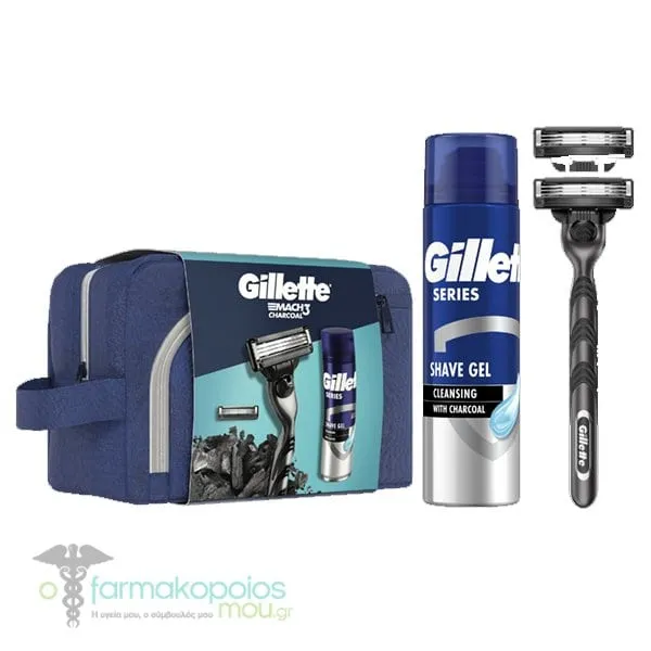 Gillette Mach3 Promo with Shave Gel, 200ml, Razor, 1pc, Replacement Shaving Heads, 2pcs & Beauty Pouch, 1set