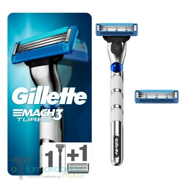 Gillette Mach3 Turbo Men's Razor Handle, 1pc & Razor Blade Refills, 2pcs