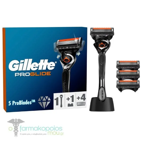Gillette ProGlide Ξυριστική Μηχανή, 1τεμ, Ανταλλακτικές Κεφαλές, 4τεμ & Δώρο η Βάση Στήριξης, 1σετ