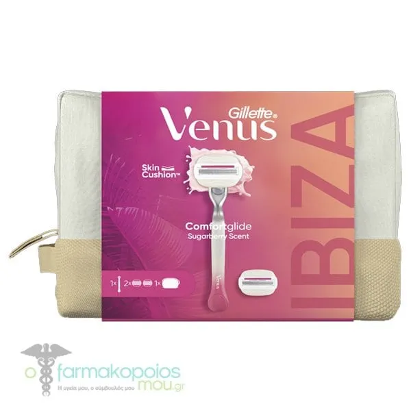 Gillette Venus Promo Comfortglide Sugarberry Scent Razor, 1pc, Replacement Heads, 2pcs & Beauty Pouch, 1set
