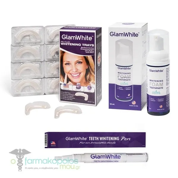 GlamWhite Promo Pre-filled Whitening Trays Προγεμισμένα Μασελάκια Λεύκανσης Δοντιών, 10τεμ, Whitening Foam Οδοντόκρεμα σε Μορφή Αφρού για Λεύκανση Δοντιών, 50ml & Teeth Whitening Pen Στυλό Λεύκανσης Δοντιών, 2ml, 1σετ