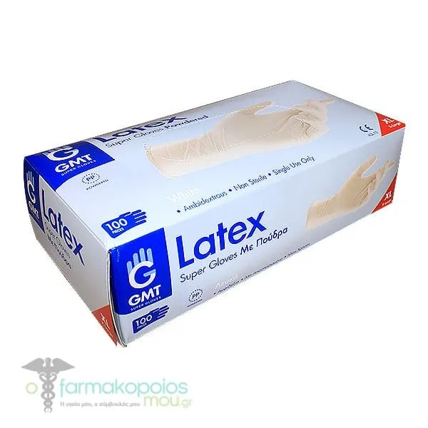 GMT Super Gloves Powdered Latex, Λευκά Γάντια Μιας Χρήσης με Πούδρα Αμφιδέξια Μη Αποστειρωμένα, 100τεμ