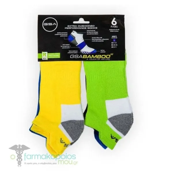 GSA Bamboo[+] 7476 Men’s Extra Cushioned Performance Low Cut Recycled Socks, 6pack - 51 Yellow-Blue-Green