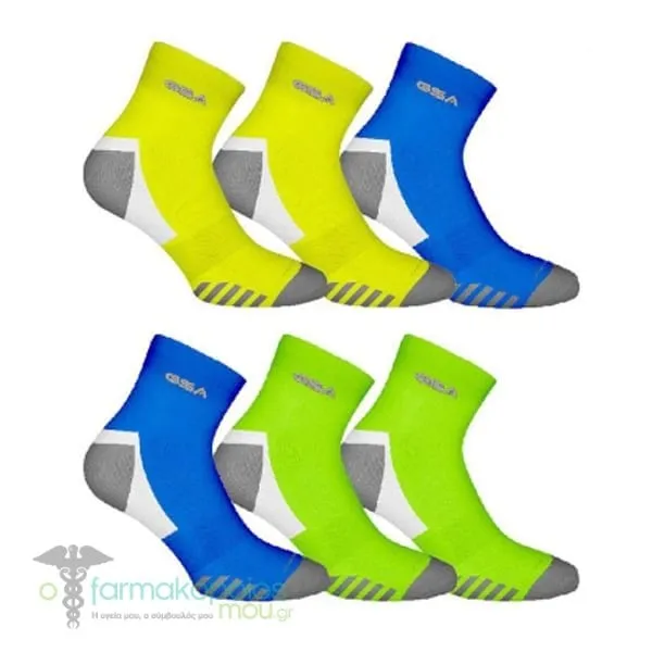 GSA Bamboo[+] 7496 Men’s Extra Cushioned Performance Quarter Recycled Socks, 6pack - 51 Yellow-Blue-Green