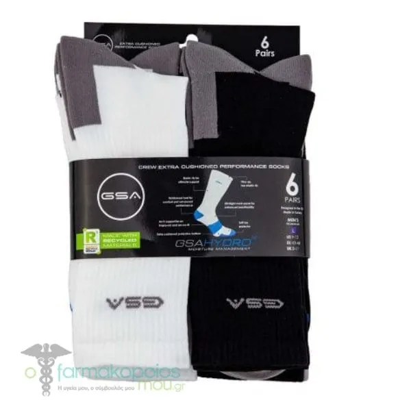 GSA Hydro[+] 6506 Men’s Extra Cushioned High Performance Crew Recycled Socks, 6pack - 50 White-Gray-Black