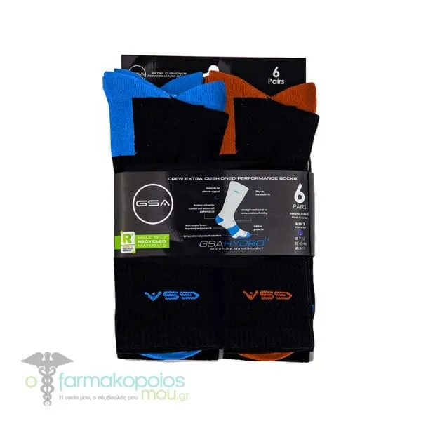 GSA Hydro[+] 6506 Men’s Extra Cushioned High Performance Crew Recycled Socks, 6pack - 51 Black-Multicolor