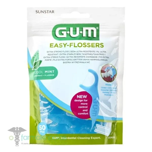 Gum Easy Flossers (890) Extra Strong Floss Fluoride & Vitamin E Cool Mint Flavor, 50pcs