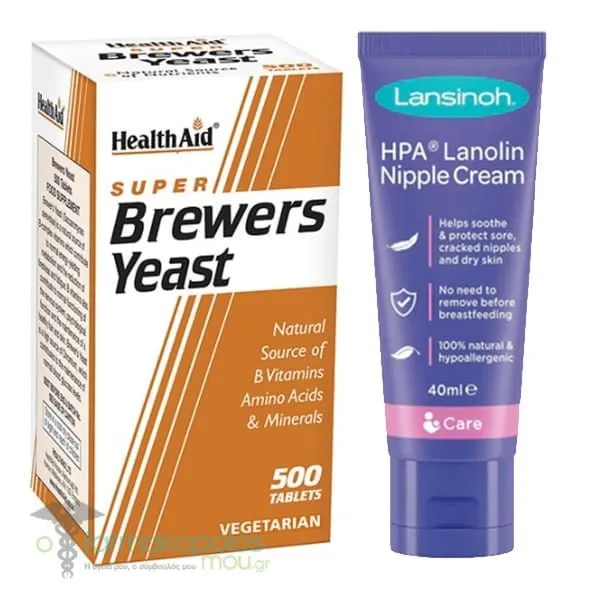 Health Aid Brewers Yeast 300mg, 500tabs & Lansinoh HPA Sore Nipple Cream, 40ml, 1set