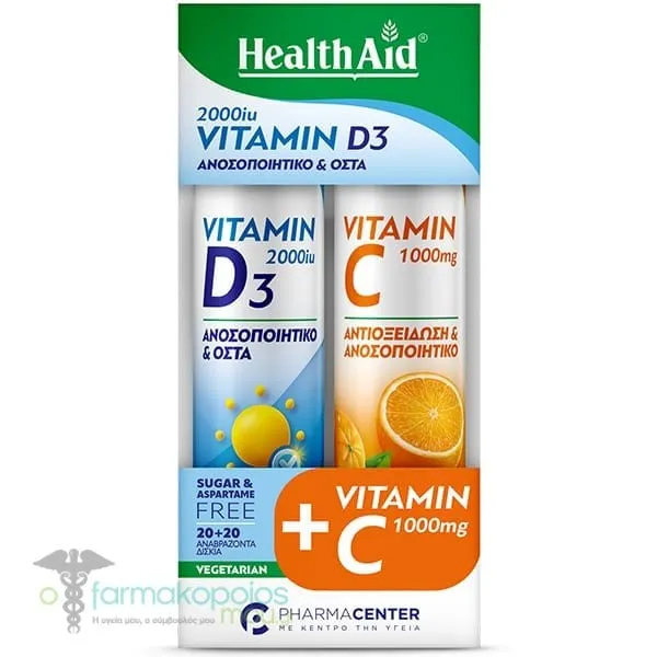 Health Aid Combo Pack Vitamin D3 2000iu, 20tabs & Vitamin C1000mg, 20tabs, 1σετ