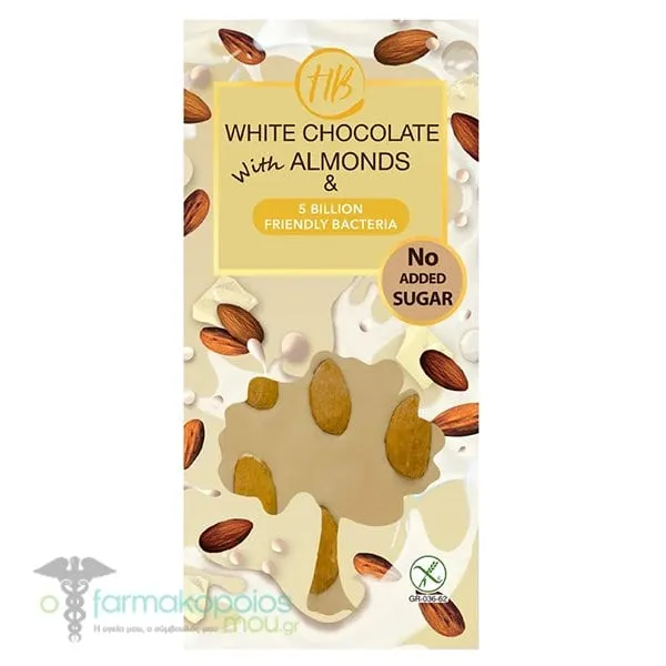 Healthy Bites Σοκολάτα Λευκή Χωρίς Ζάχαρη με Αμύγδαλα &amp; Ζωντανά Βακτήρια, 100g