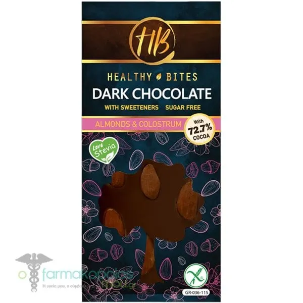 HealthyBites Σοκολάτα Υγείας 72,7% Χωρίς Ζάχαρη με Πρωτόγαλα &amp; Αμύγδαλα, 100g