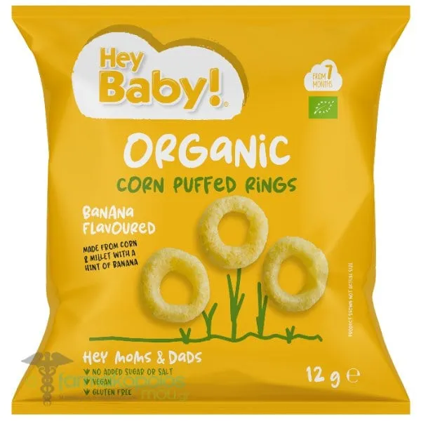 Hey Baby! Organic Corn Puffed Rings Banana Flavoured, 12g