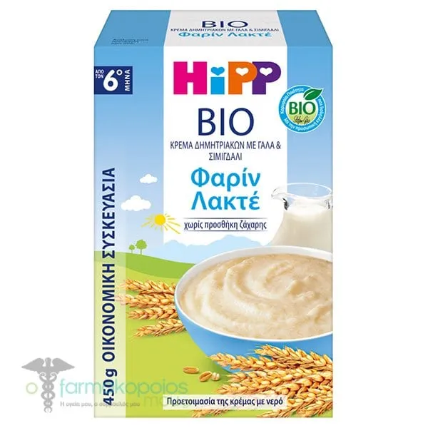 HiPP Bio Κρέμα Δημητριακών με Γάλα & Σιμιγδάλι Φαρίν Λακτέ για 6m+, 450g