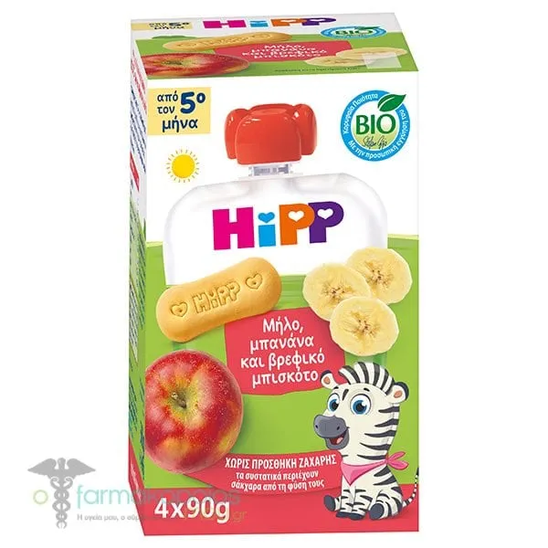 Hipp Bio Φρουτοπολτός Mήλο, Mπανάνα & Bρεφικό Mπισκότο από 5m+, (4x90g) 360g