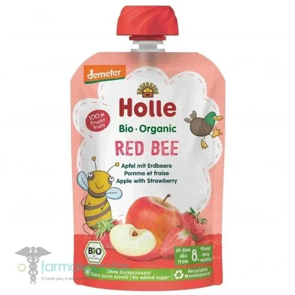 Holle Bio - Organic Red Bee Πουρές Φρούτων με Μήλο &amp; Φράουλα 8m+, 100g