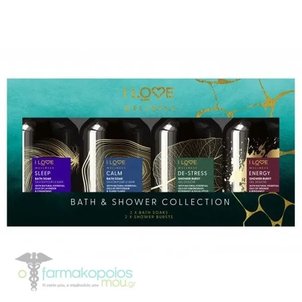 I Love Wellness Bath & Shower Collection with Calm Natural Bath Soak, 125ml, Sleep Bath Soak, 125ml, De-Stress Shower Burst, 125ml & Energy Shower Burst, 125ml, 1set
