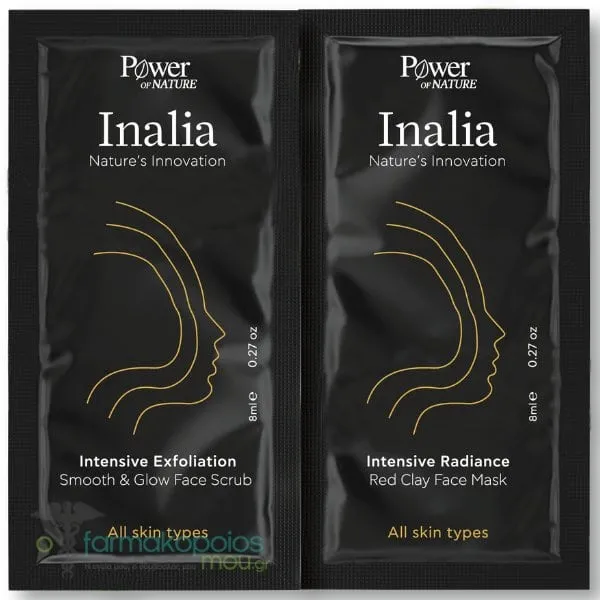 Inalia Intensive Exfoliation Smooth & Glow Face Scrub, 8ml & Intensive Radiance Red Clay Face Mask, 8ml, 1set