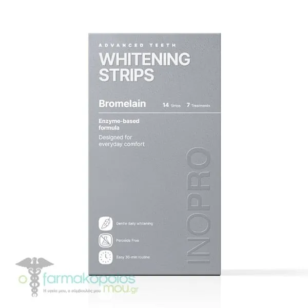INOPRO Bromelain Advanced Teeth Whitening Strips Ταινίες Λεύκανσης Δοντιών Χωρίς Υπεροξείδιο 7 Εφαρμογές, 14strips
