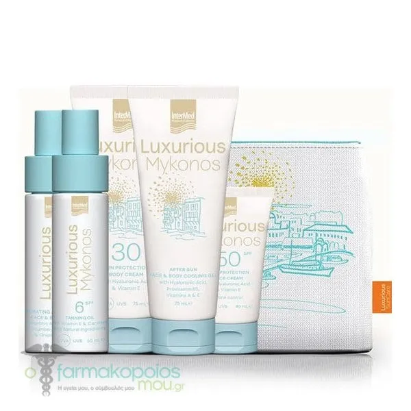 Intermed Luxurious Sun Care Mykonos Promo Kit with Body Cream SPF30, 75ml, After Sun Body Gel, 75ml, Tanning Oil SPF6, 50ml, Hydrating Mist, 50ml, Face Cream SPF50, 40ml & Pouch, 1set