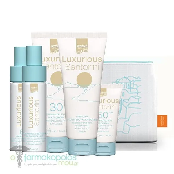 Intermed Luxurious Sun Care Santorini Promo Kit with Body Cream SPF30, 75ml, After Sun Body Gel, 75ml, Tanning Oil SPF6, 50ml, Hydrating Mist, 50ml, Face Cream SPF50, 40ml & Pouch, 1set