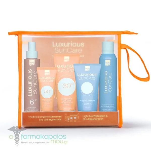 Intermed Luxurious SunCare High Protection Pack with Sun Protection Body Cream SPF30, 200ml, High Protection Face Cream SPF50, 75ml, Tanning Oil SPF6, 200ml, After Sun Face & Body Cooling Gel, 150ml & Hydrating Antioxidant Spray Mist, 200ml, 1set