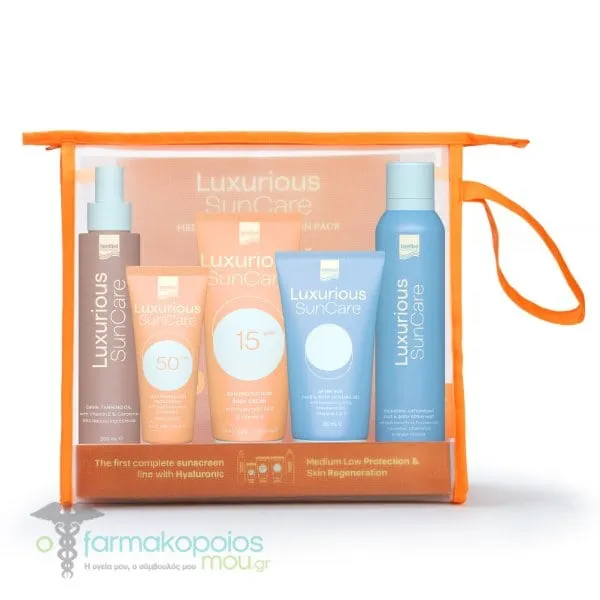 Intermed Luxurious SunCare Medium Low Protection Pack with Sun Protection Body Cream SPF15, 200ml, High Protection Face Cream SPF50, 75ml, Dark Tanning Oil, 200ml, After Sun Face & Body Cooling Gel, 150ml & Hydrating Antioxidant Spray Mist, 200ml, 1set