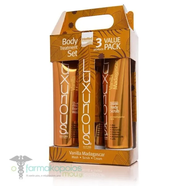 Intermed Luxurious Vanilla Madagascar Promo 2&1 Moisturizing Body Wash, 280ml, Natural Exfoliating Body Scrub, 280ml & Rich Moisturizing Cream, 280ml, 1set