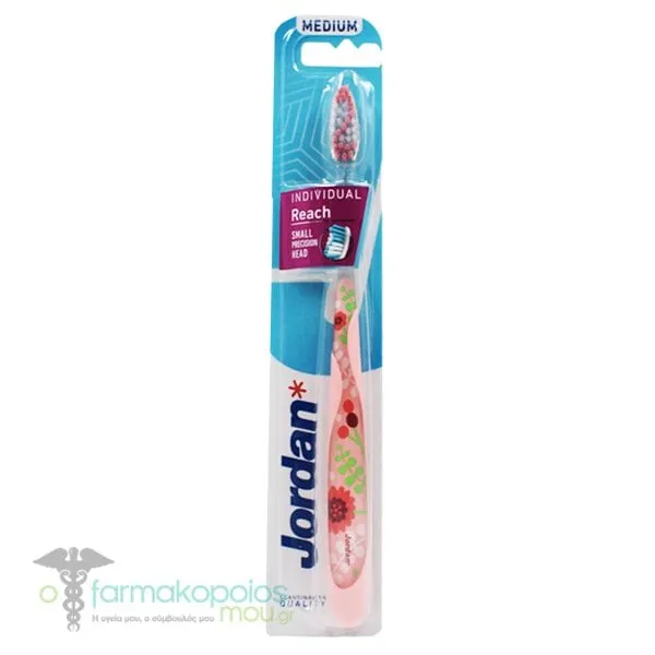 Jordan Individual Reach Medium Toothbrush, 1pc - Ροζ-Λουλούδια