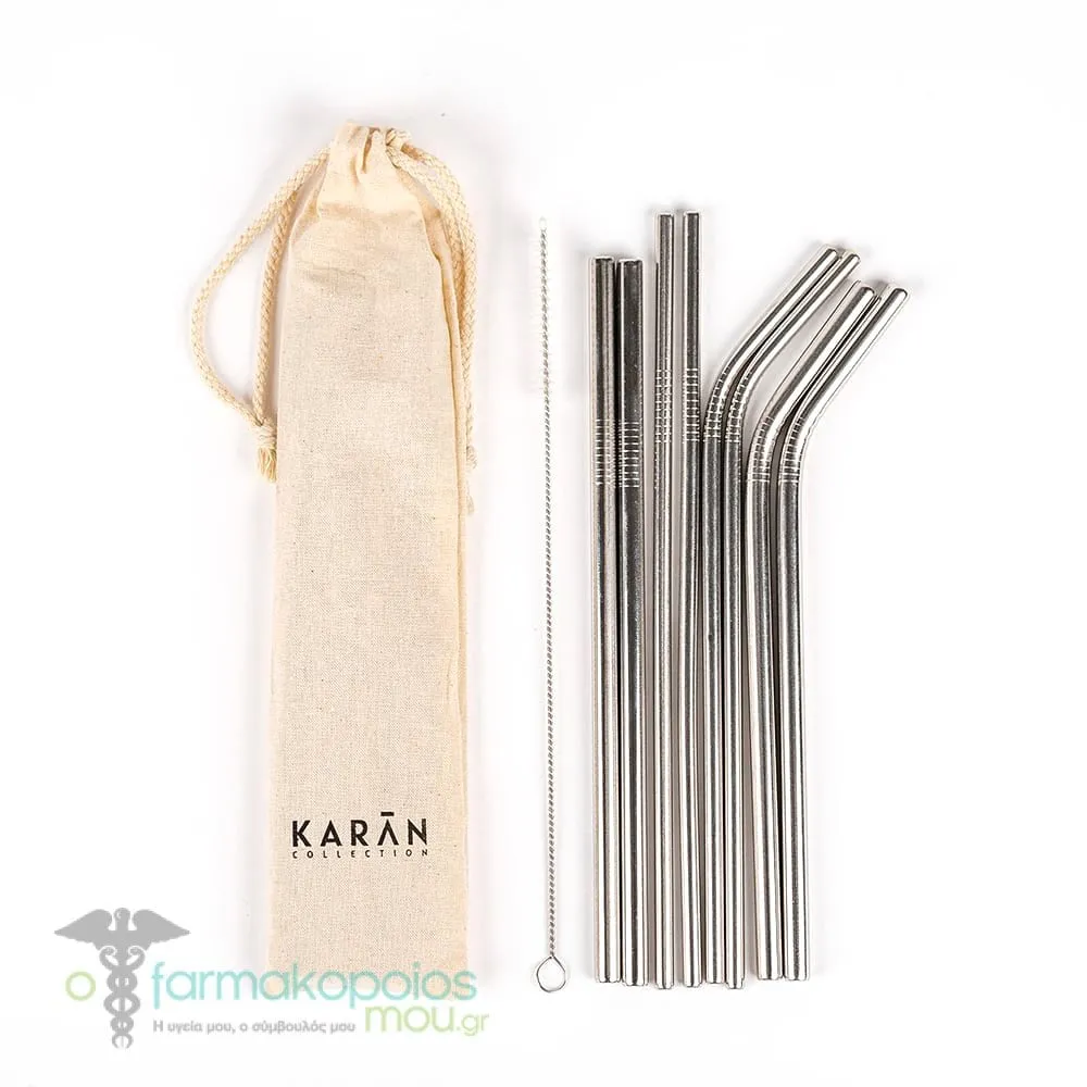 Karan Stainless Steel Eco-Friendly Straws with Pouch & Brush, 8pcs