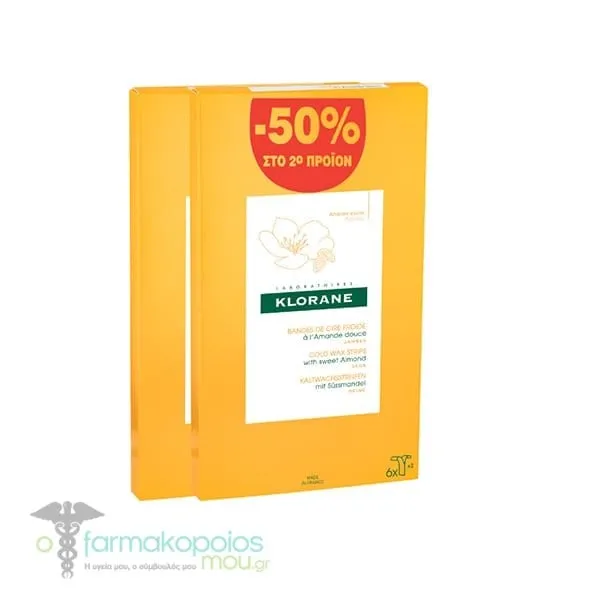 Klorane Promo Set Hair Removal Cold Wax Strips for Legs Sweet Almond (-50% on the 2nd Product), 2x6pcs