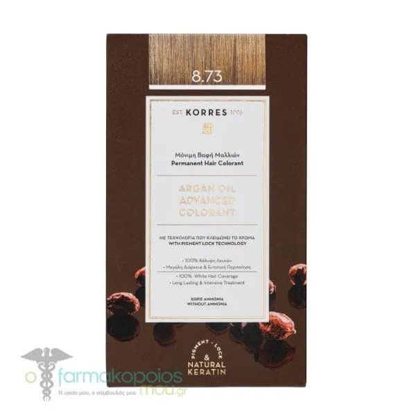 Korres Argan Oil Advanced Colorant 8.73 Βαφή Μαλλιών Χρυσή Καραμέλα, 1 τεμάχιο