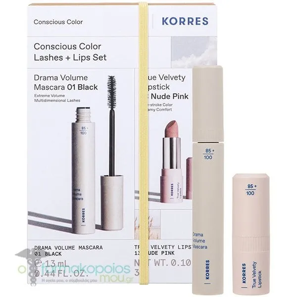 Korres Conscious Color Set Drama Volume Mascara, 13ml & True Velvety Lipstick 13 Nude Pink, 3g, 1set