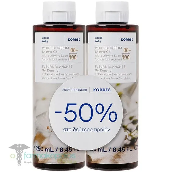 Korres Promo (-50% στο 2ο Προϊόν) Αφρόλουτρο White Blossom, 2x250ml, 1σετ