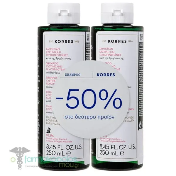 Korres Promo (50% στο Δεύτερο Προϊόν) Σαμπουάν κατά της Τριχόπτωσης με Κυστίνη & Γλυκοπρωτεΐνες για Γυναίκες, 2x250ml