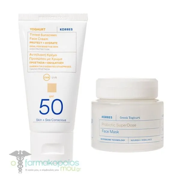Korres Promo Yoghurt Tinted Sunscreen Face Cream SPF50, 50ml & Greek Yoghurt Probiotic Superdose Face Mask, 100ml, 1set