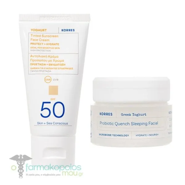 Korres Promo Yoghurt Tinted Sunscreen Face Cream SPF50, 50ml & Greek Yoghurt Probiotic Quench Sleeping Facial, 40ml, 1set