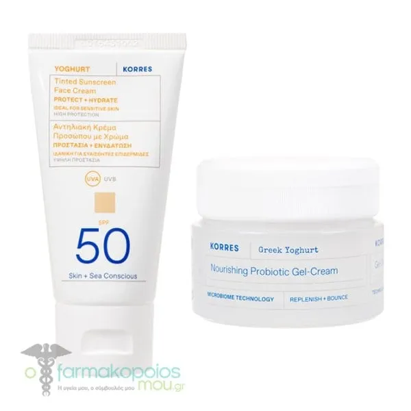 Korres Promo Yoghurt Tinted Sunscreen Face Cream SPF50, 50ml & Greek Yoghurt Nourishing Probiotic Gel-Cream, 40ml, 1set
