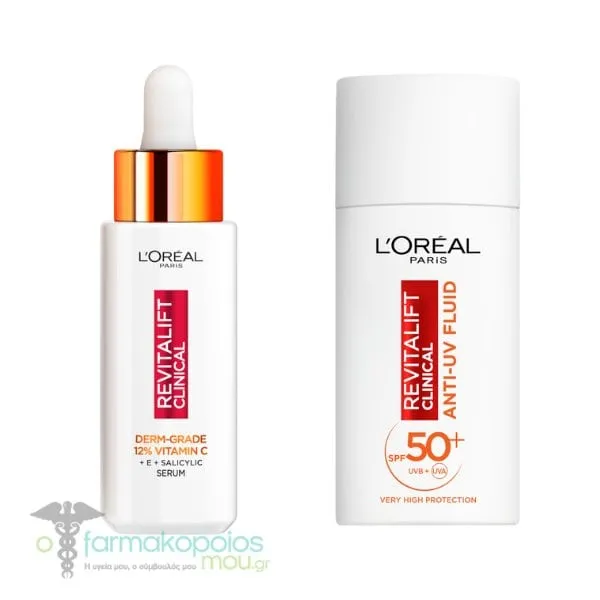 L'Oreal Paris Promo Revitalift Clinical 12% Vit C Face Brightening Serum, 30ml & Clinical Anti-UV Fluid Vitamin C SPF50+, 50ml, 1set