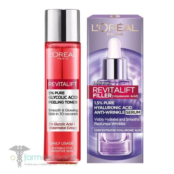 L'Oreal Paris Promo Revitalift Filler Hyaluronic Acid Anti-Wrinkle Serum, 30ml & Revitalift 5% Pure Glycolic Acid Peeling Toner, 180ml, 1set